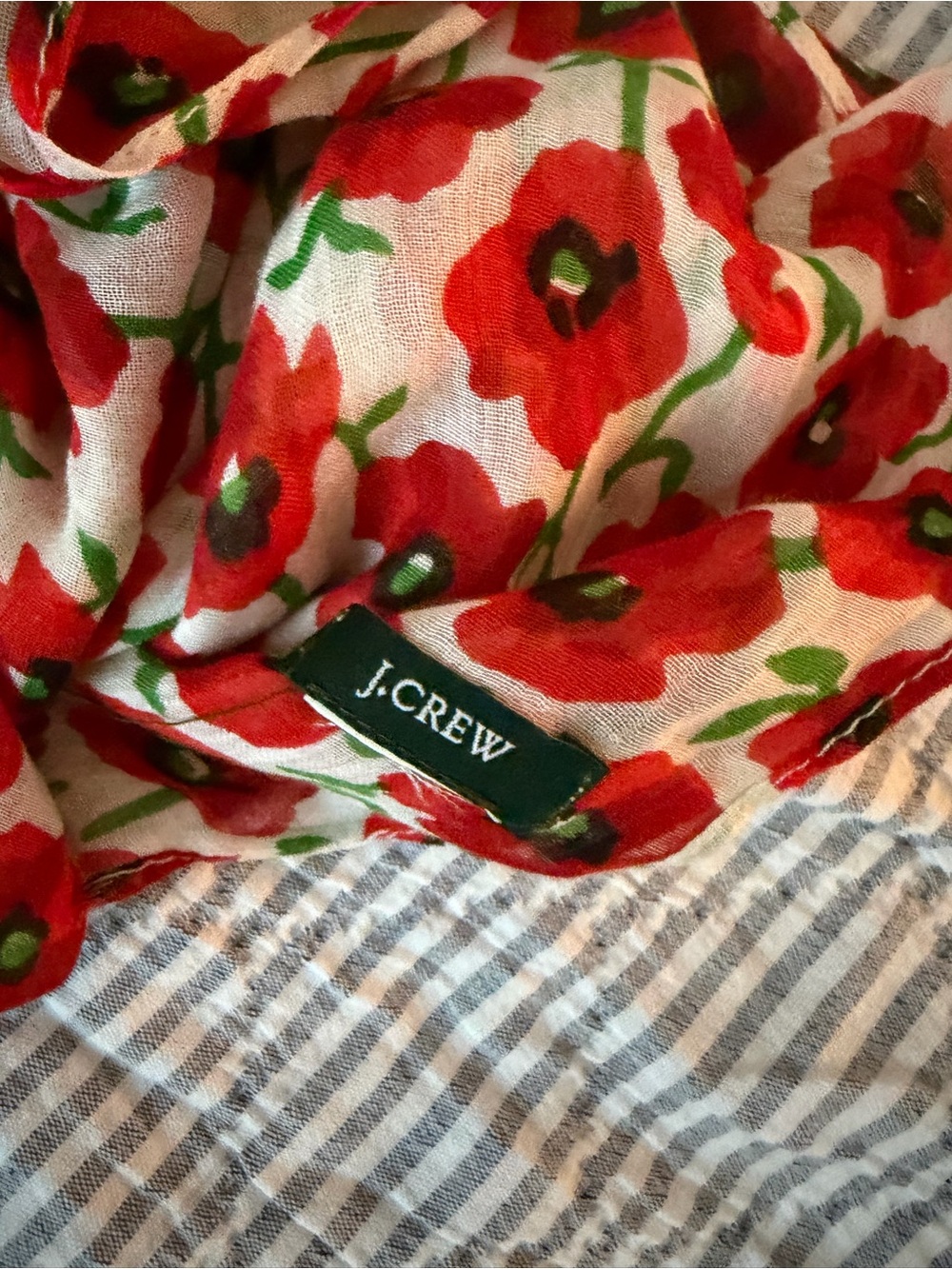 J Crew Lightweight Floral Poppy Scarf - Red & Green on Cream - Picture 3 of 10